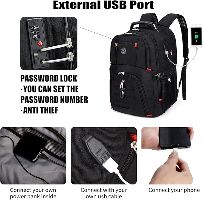 SHRRADOO Extra Large 50L Travel Laptop Backpack with USB Charging Port, College High School Backpack Airline Approved Business Work Bag Fits 17 Inch Computer for Men Women