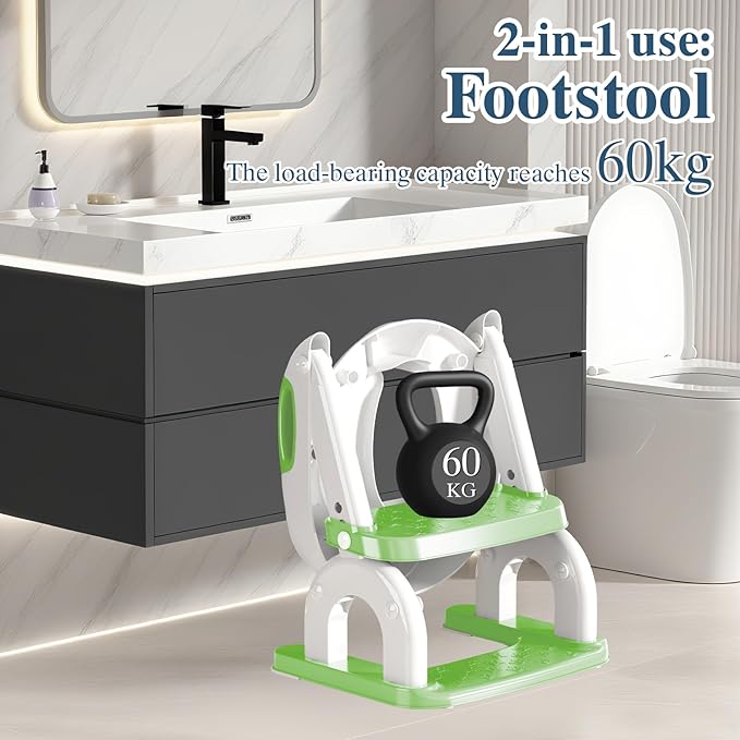 Potty Training Seat for Toddlers, Adjustable Height 2-in-1 Potty Training Toilet Ladder for Kids Boys Girls with Splash Guard, Waterproof Cushion, Anti-Slip Pad Step Stoo - Green
