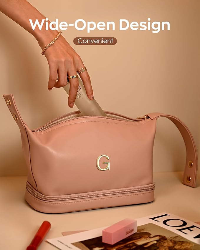 Personalized Makeup Bags, Initial Bags with Handle, Waterproof Double Layer Cosmetic Bag, Large Capacity PU Leather Makeup Bags Letter Travel Toiletry Bag with Makeup Brush Organizer