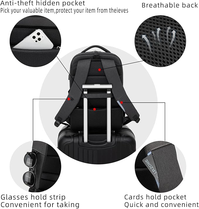 DUSLANG 17 Inch Laptop Backpack for Travel Water Resistant College Backpack for Men/Women Laptop Bag with USB Charging Port and Red Hat Metal America Back MAGA Cap Keychain for Backpack, Black