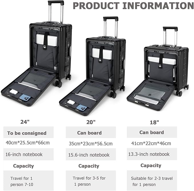 feilario 24in Aluminium Frame PC Hard Shell Spinner Wheels Luggage, Built-In TSA lock Carry on Suitcase, with Cup Holder, USB Port, Phone Holder