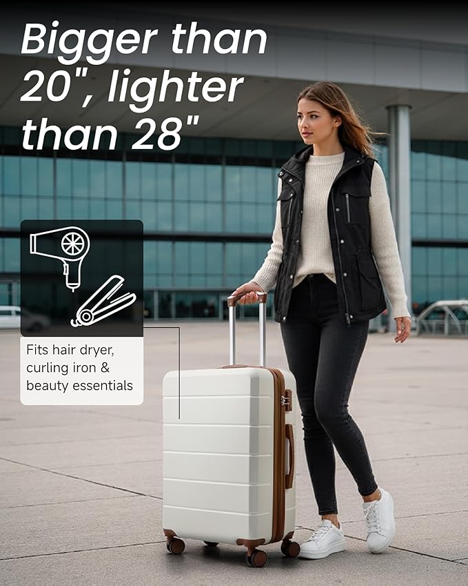 24 Inch Luggage with Spinner Wheels, Expandable Hardside Medium Checked Suitcase, White Brown
