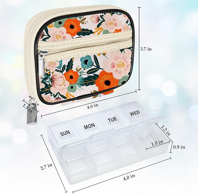 Serfeymi Weekly Travel Pill Organizer Pill Case for Purse with Removable 7 Day Pill Box, Fashionable Travel Medicine Organizer Pill Container for Medicine, Vitamin, Supplement - Bloom 01 + Pill Box
