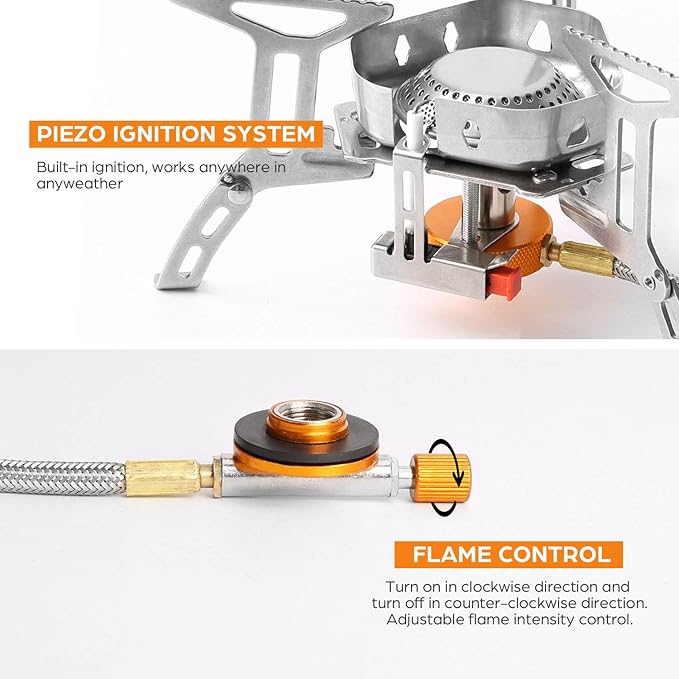 Odoland 3500W/6800W Windproof Camp Stove Camping Gas Stove with Fuel Canister Adapter, Piezo Ignition, Carry Case, Portable Collapsible Stove Burner for Outdoor Backpacking Hiking and Picnic
