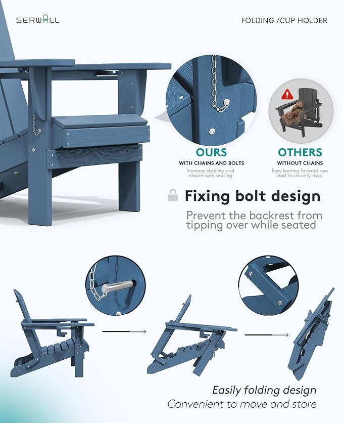 SERWALL Folding Adirondack Chair, HDPE Adirondack Chairs, Plastic Outdoor Chairs- Looks Exactly Like Real Wood- Navy
