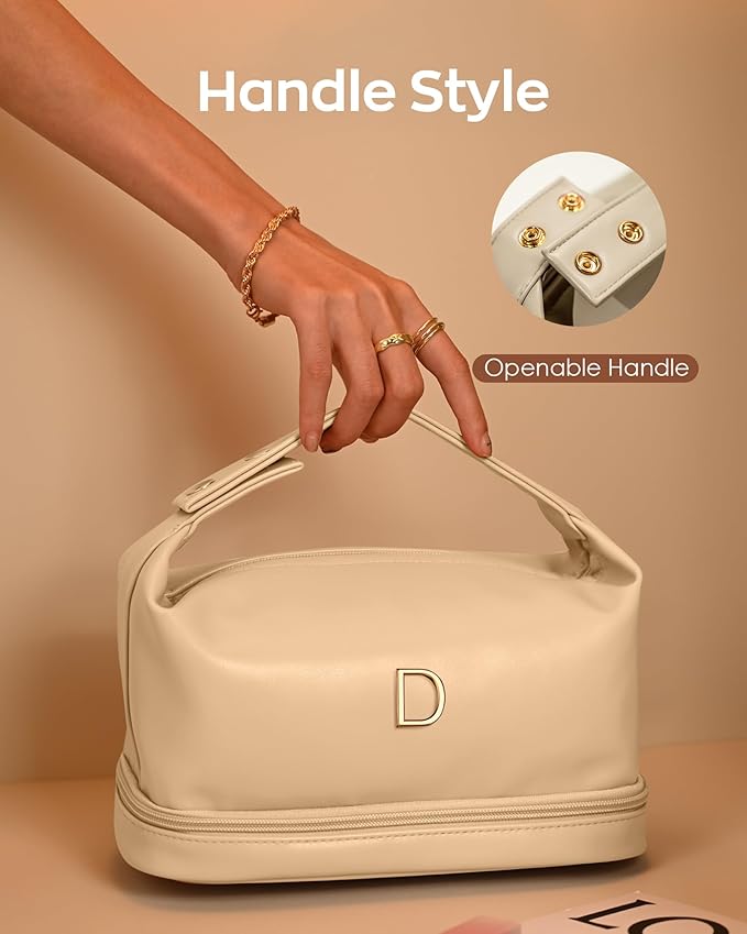 Personalized Gifts, Makeup Bags with Handle, Waterproof Double Layer Cosmetic Bag, Large Capacity PU Leather Makeup Bags Letter Travel Toiletry Bag, Birthday Gifts for Girls