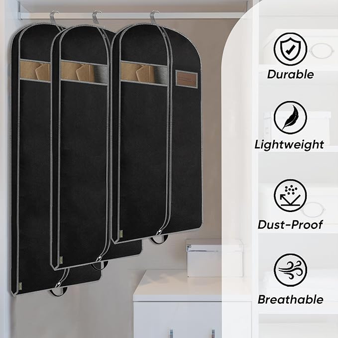 BALEINE 5PK Heavy Duty Garment Bag with Shoe Storage Travel Bag for Dresses, Suit, Coats Travel Essential (60", Black)