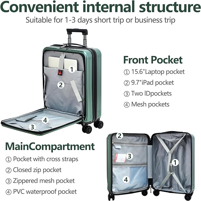 TydeCkare 20 Inch Carry On Luggage with Front Pocket, 21.65 * 15.35 * 7.87" Suitable for Airplane Overhead Bin, 34L Lightweight PC+ABS Hardshell with YKK Zipper, TSA Lock Approved, Dark Green