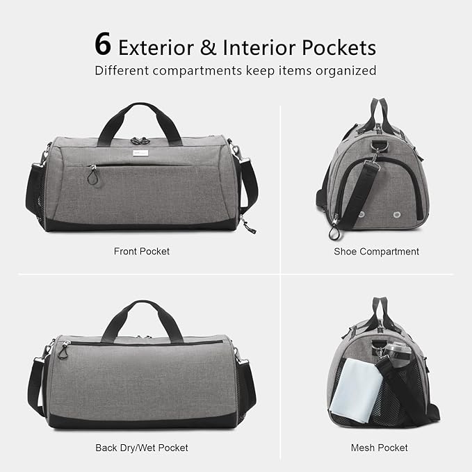 TOPDesign Gym Bag for Women & Men, Unisex Duffel Bag with Shoe Compartment & Wet Pocket for Travel Sports Gym (M Textured Grey)