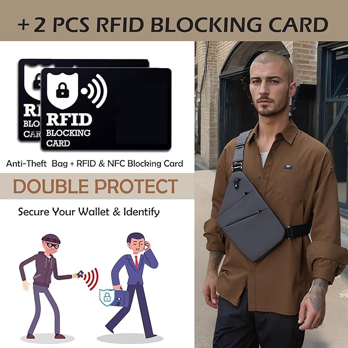 Anti Theft Crossbody Bags for Women Men, Multi-Pocket Shoulder Bag, Slim Sling Purse with 2 RFID Blocking Card (Right Shoulder-Khaki)