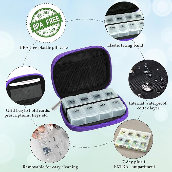 Serfeymi Weekly Travel Pill Organizer Pill Case for Purse with Removable 7 Day Pill Box, Fashionable Travel Medicine Organizer Pill Container for Medicine, Vitamin, Supplement - Bloom 01 + Purple 01