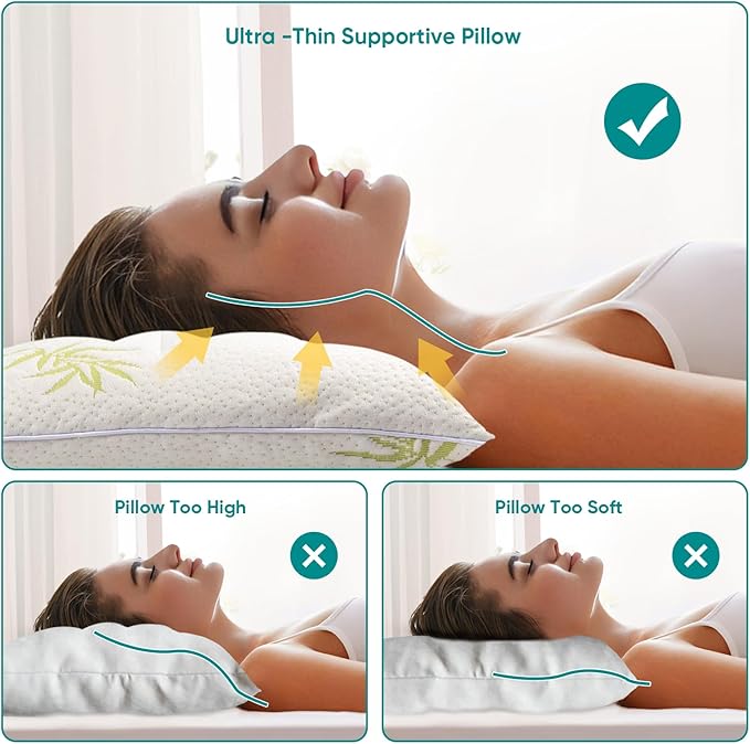 MINUPWELL Ultra Thin Pillows, Flat Pillows for Sleeping Thin, 7D High Support 2.5 inch Height Slim Bed Pillows for Stomach Sleeper, Standard Size -18x26 in - Rayon Derived from Bamboo