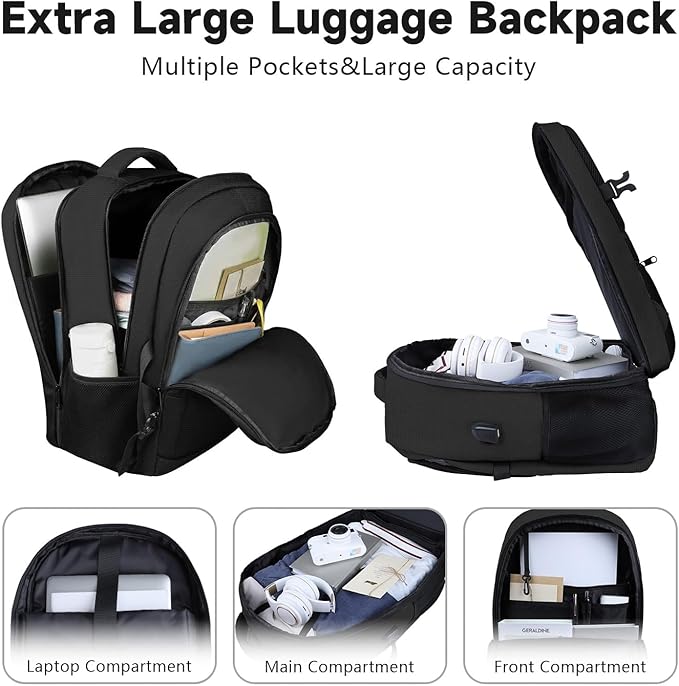 Travel Backpack, Large Carry on Backpack, 17 Inch Laptop Bag, Big Sturdy TSA-Friendly with USB Port College School Rucksack Bag, Gifts for Him Men Women, Black