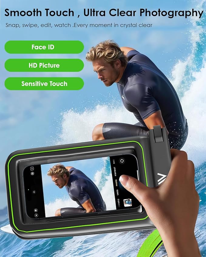 【2025 Upgraded】 1 Pack Black - IP68 Waterproof Phone Pouch Floating Design No Sink Waterproof Phone Case - Beach Pool Travel Essentials - Works w/All Phones - Detachable Lanyard - Black/Hi-Vis Green