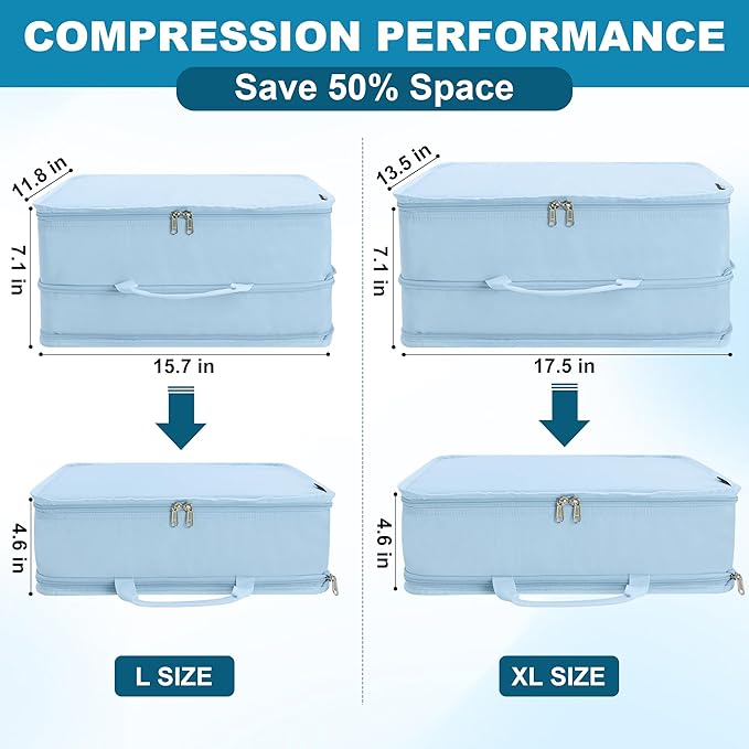 Compression Packing Cubes for Travel Essentials, 2 Pack Expandable Travel Cubes for Packing Bags Suitcase Organizer, Blue
