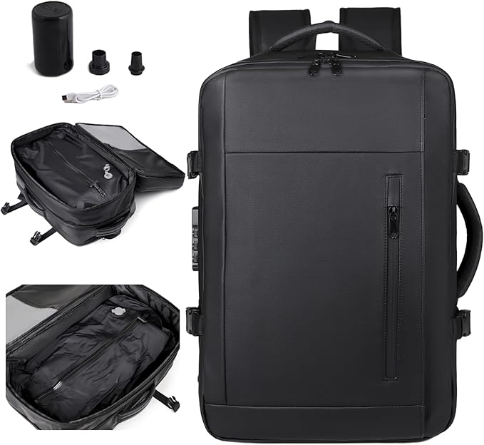 Vacuum-sealed travel computer backpack, Water-Resistant, With vacuum pump, Multiple Compartments, Anti-theft combination lock(Blue)