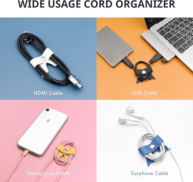 SenseAGE 5 Pack Cord Organizer, Bow Cord Keeper, Cable Organizer USB Holder, Leather Cable Management, Cable Straps, Earphone Winder, Storage Straps for Electronics, Earbuds, Small, Purple