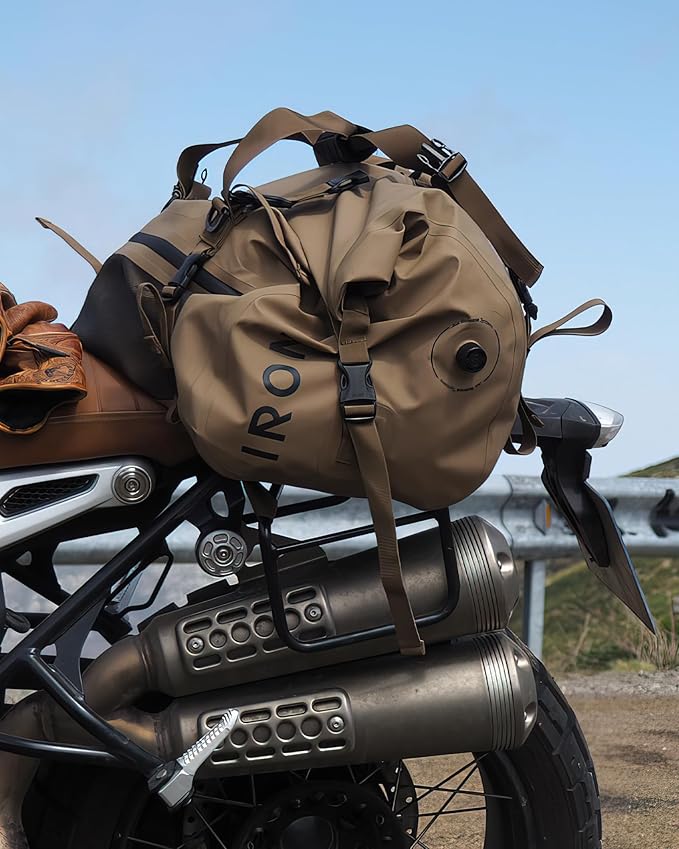 IRON JIA'S Motorcycle Dry Bag - Waterproof Duffle & Luggage Tail Bag Saddle Bags with Roll Top Closure, Shoulder Straps, Inner Pocket and Mesh Pocket (Brown, 70L)