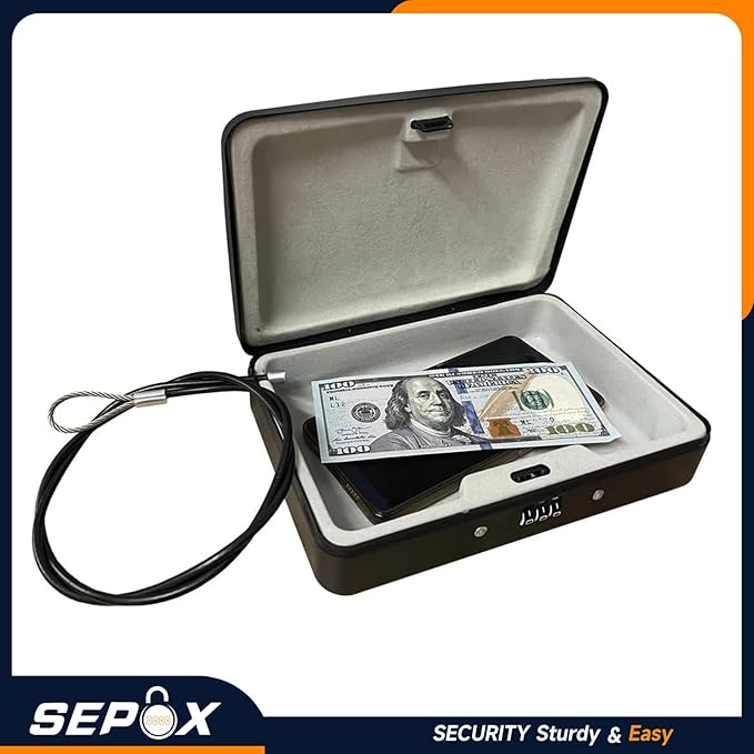 SEPOX® 4Pcs Water/Fire-Resistant Portable Security Case Lock Box Steel, Personal Travel Safe Storage Cabinet for Small Item, 3-Ft Cable, Ressetable Combination Lock for Dorm, Car, Sports, Office