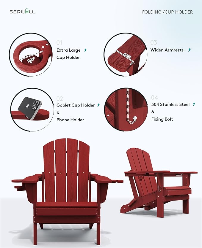 SERWALL Adirondack Chair with Cup Holders - Composite Adirondack Chairs Set of 2 HDPE Outdoor Chairs All Weather Use- Dark Red