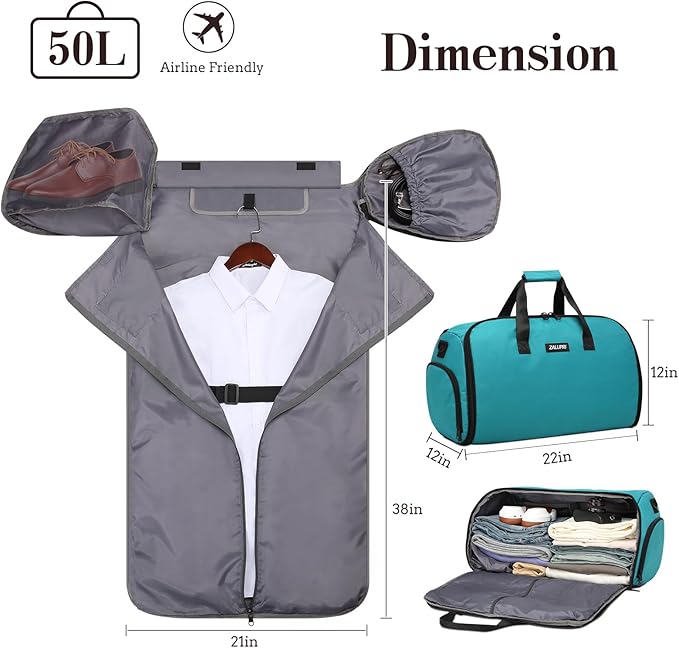 Garment Duffle Bags for Travel, Carry On Garment Duffel Weekender Bag 45L | 2-days Trip,Wrinkle-Free Travel,Separate Shoe Pocket | Overnight Garment Bag for Vacation, Business Trips, Weekend