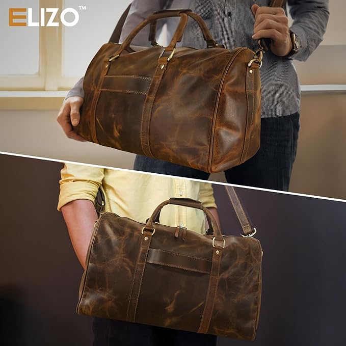 ELIZO Leather Duffle Bag For Men Women REAL FULL GRAIN Travel Overnight Weekender Carry On Luggage Sports Gym Bags (Antique 20 Inch) Origin