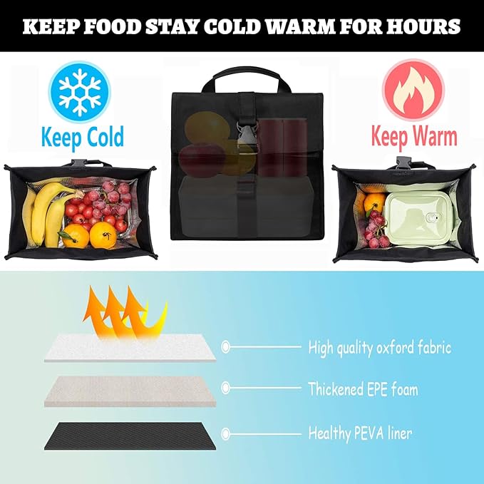 Insulated Foldable Lunch Bag With Ajustable Strap- Lightweight Portable Lunch Box for Men, Women, Office, Work, Picnic, Hiking and Beach (Black(Hard Fabric))