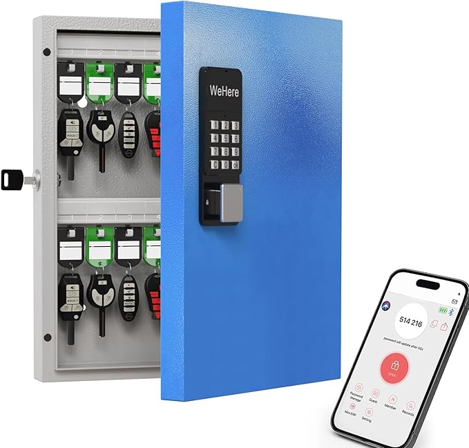 WeHere 32 Key Lock Box Wall Mount, APP Bluetooth/One Time Password Share/Wi-Fi Remote/Fixed Code/Key Unlock, Smart Key Cabinet, Key Organizer Box for Apartment, Home, Office, School Key Manage