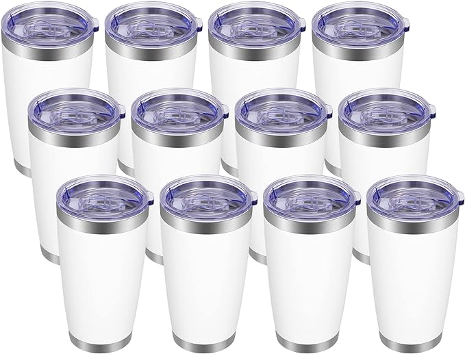 VEGOND 20oz Tumbler with Lid and Straw Stainless Steel Tumbler Cup Bulk Vacuum Insulated Double Wall Travel Coffee Mug Powder Coated Coffee Cup(White 12 Pack