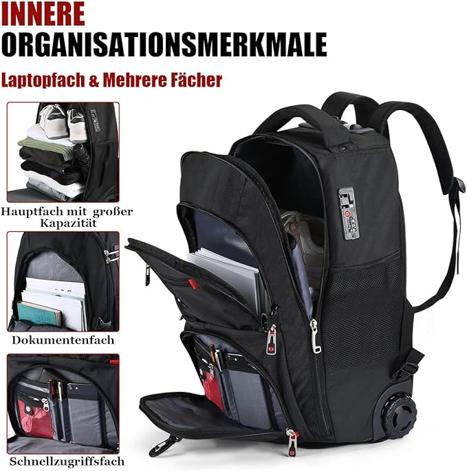 Extra Large Rolling Backpack with Wheels - Water-Resistant, 18" Laptop Compartment, 22.5"x15"x10", 55L Capacity, Ideal Carry-On for Weekend Travel, College, Work - Wheeled Business Backpack for Adults