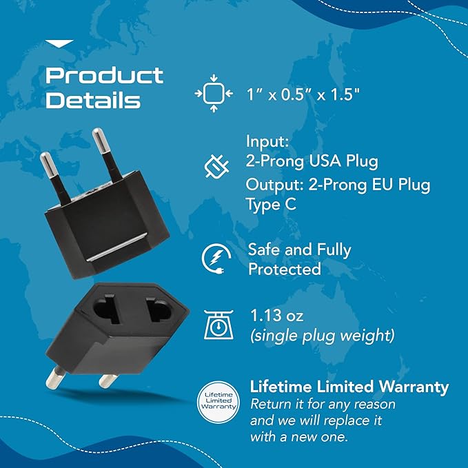 Ceptics USA, Canada to European Plug Adapter - Type C Adapter compatible in Europe, Canada to European travel plug adapter Ideal for Phones, Camera & More - CE Certified - RoHS Compliant - 12 Pack