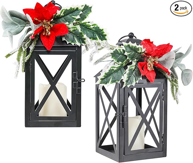 Christmas Lantern Outdoor Deror 13", 2 Pack Waterproof LED Hanging Decorative Candle Lantern with Berries Decor for Garden, Porch, Gift for Family, Friends, Women