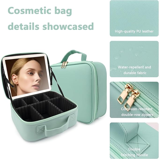 Travel Makeup Bag with LED Lighted Mirror, Travel Makeup Organizer,3 Color Setting Cosmetic Makeup Box, Adjustable Dividers and Brush Holder（light green）