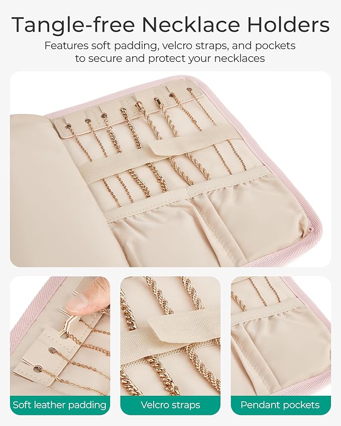BAGSMART Travel Jewelry Organizer Case, Foldable Jewelry Roll for Necklaces, Earrings, Journey-Rings, Bracelets, Brooches, Portable, Pink
