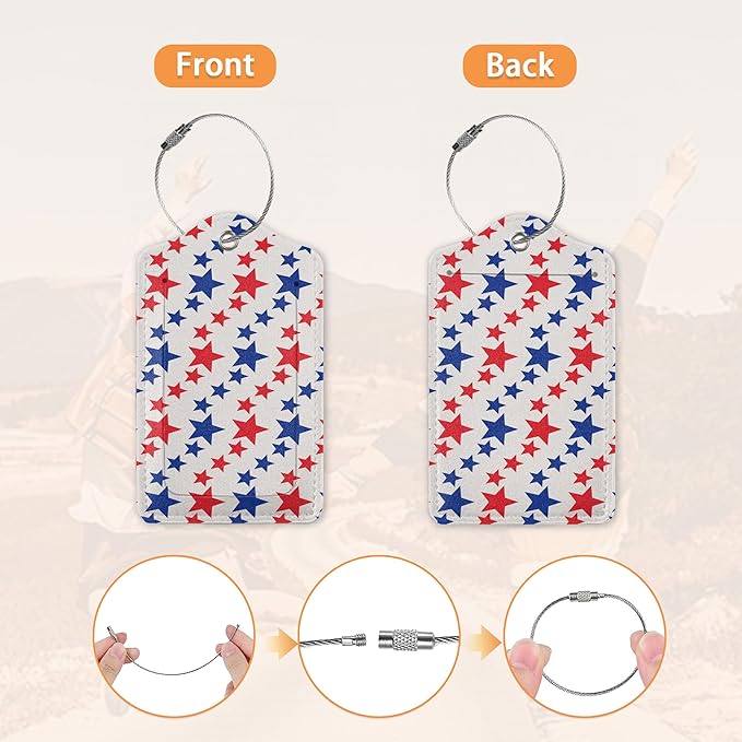 American Patriotic Stars Luggage Tags Bag Tag with Privacy Cover Name Id Card Stainless Steel Loop Suitcase Labels Pu Leather USA Flag Baggage Tags for Travel,2 Pcs