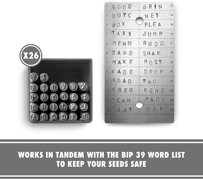 ColdTi - Titanium Bitcoin Seed Plates for Ultra-Secure Crypto Seed Phrase Storage (2 Plates, Punch Set & Seals) - Premium Seed Phrase Metal - Alphabetic Punch Set Included