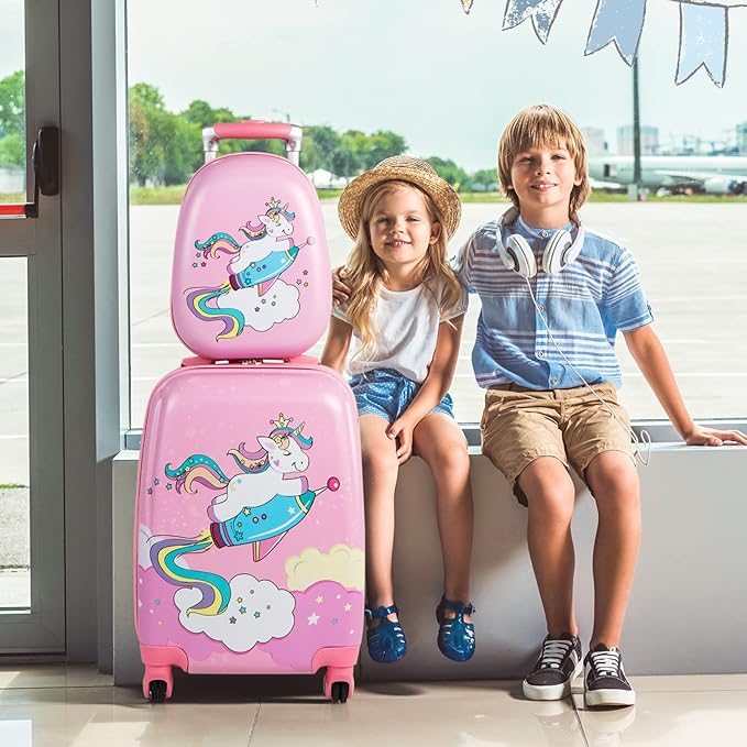 HONEY JOY Kids Luggage, 12" Toddler Backpack & 18" Travel Suitcase with Wheels, Lightweight Toddler Girls Suitcase, Durable ABS Hardshell, 2Pcs Carry On Luggage Set for Boys Girls