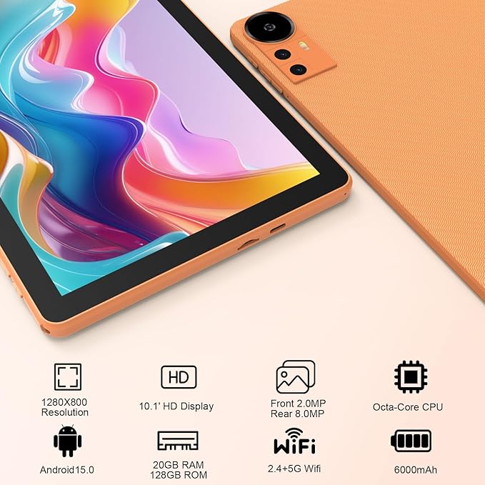 Android 15 Tablet 10 Inch, 2 in 1 Tablets with Keyboard/Mouse/Case/Stylus, 20GB RAM+128GB ROM/ 2TB Expand, 2.0Ghz Quad-core Processor, 1280 * 800 HD Touch Screen, 8MP Camera, 6000mAh Battery, 5G WiFi