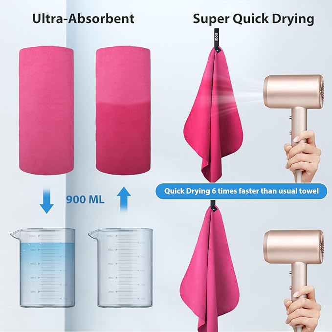 BOGI Microfiber Travel Sports Towel-Quick Dry Towel, Soft Lightweight Microfiber Camping Towel Absorbent Compact Travel Towel for Camping Gym Beach Yoga Swimming Backpacking (S:16''x32'',2Pcs-Hpink)