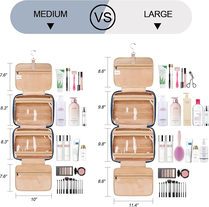Travel Hanging Toiletry Bag for Women, Large Makeup Bag 8 Leak Proofing Silicone Bottle Covers, Waterproof Cosmetic Bag with Jewelry Organizer Compartment, Toiletries Kit Set, Navy Blue