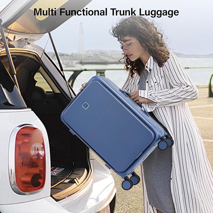 Hanke 20 Inch Carry On Luggage with Cup Holder and Charge,Top Opening Hard Shell Suitcases with Wheels and Dividers,Aluminum Frame Trunk Luggage Small Suitcase with Lock for Travel,Interstellar Blue