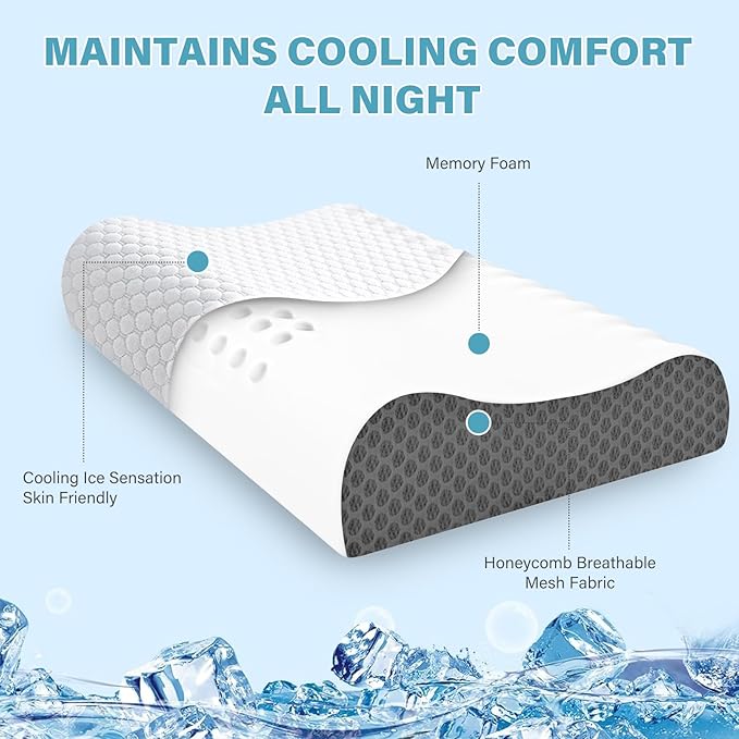 Cooling Pillows Queen Size Set of 2, Memory Foam Bed Pillows for Sleeping, Ergonomic Cervical Pillow for Neck and Shoulder Pain Relief, with Pillowcase（Grey）