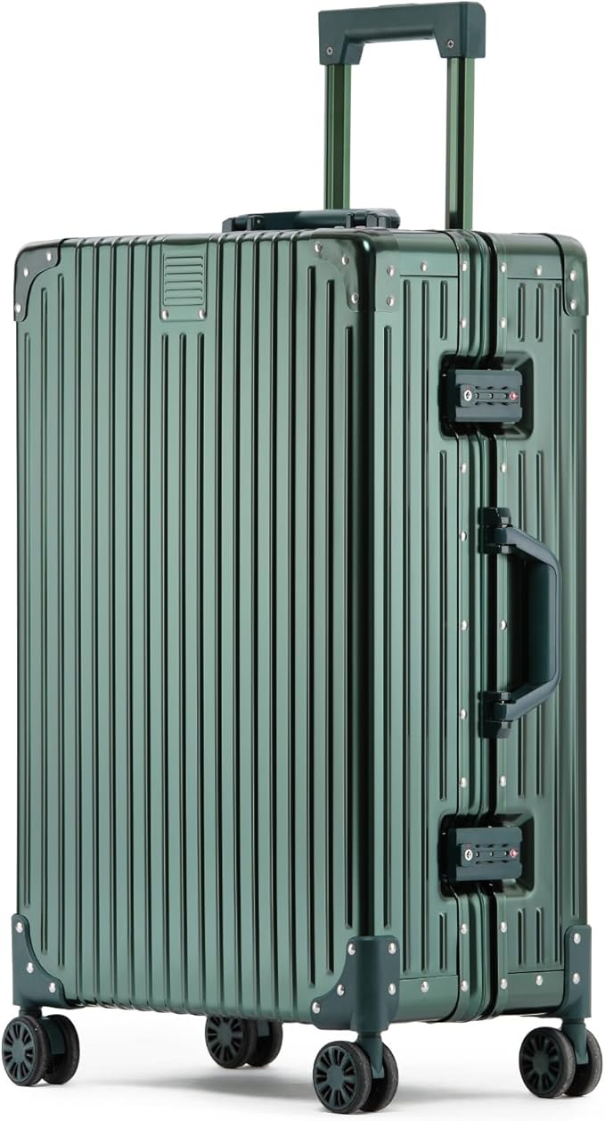 Metal All Aluminum Carry-on Luggage TSA Customs Lock Zipperless Silent Rotary Wheel Business Suitcase Aluminum Frame Set (dark green, 20 '')