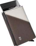 Jenoss Smart Wallet For Men: Full Grain Leather, Handcrafted, Slide Metal Pop Up Case, Slim RFID Blocking Credit Card Holder, Compact 12 Cards Slot Organizers, ID, Money Clip (Brown & Cream)