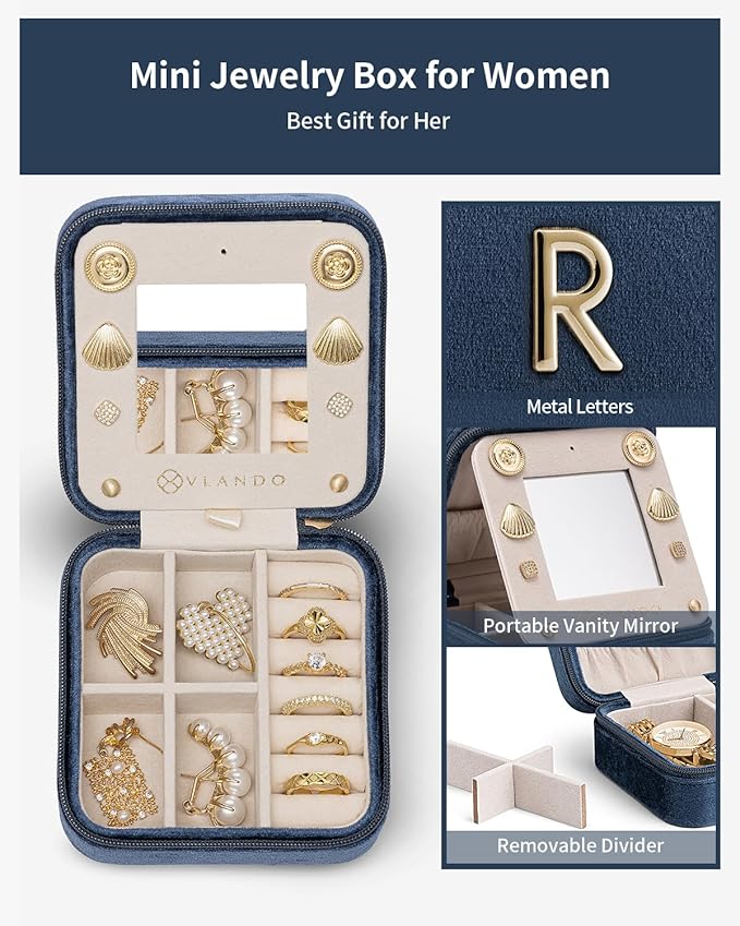 Vlando Travel Jewelry Box for Girls Women, Initial Jewelry Organizer Box - Travel Must Haves Case for Girls, Gifts for Sister Daughters - Letter R, Dark Blue