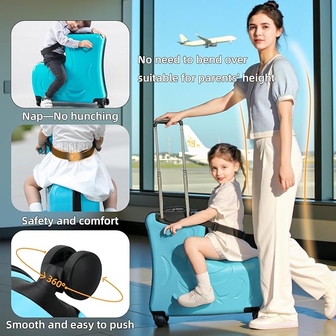 Kids Ride-On Suitcase, Hardside Rolling Luggage with 4 Spinner Wheels, Seat & Safety Belt, Toddler Carry-On for Boys & Girls Ages 2-6, Blue