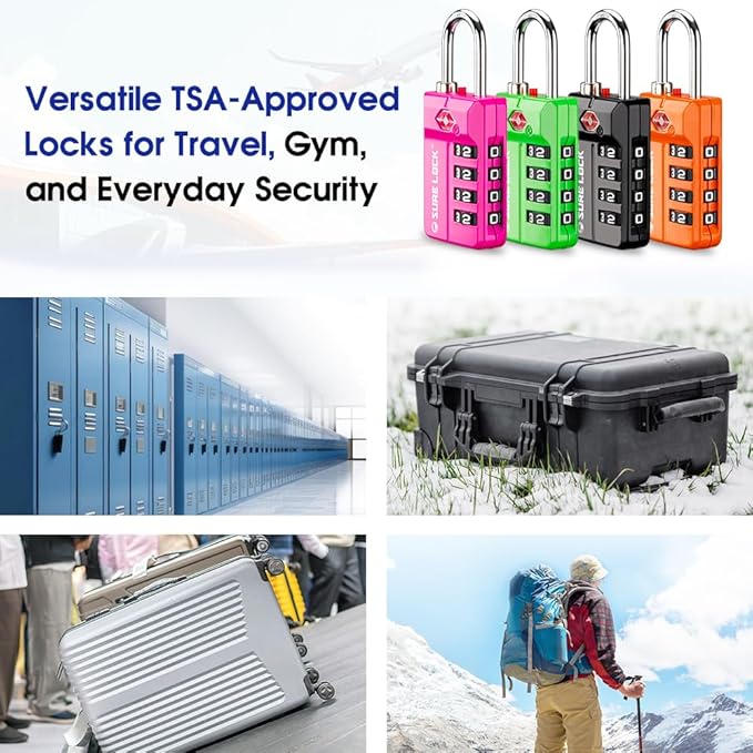SURE LOCK TSA-Approved 4-Digit Resettable Combination Lock with Open Alert, Easy-Read Dials - for Luggage, School Lockers, Gym, Office, Toolbox & Security Cases (Pink 4 Pack)