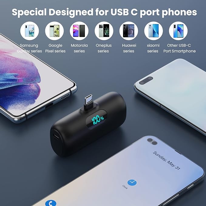 [2-Pack] Mini Portable Charger 5000mAh Power Bank,3A PD USB C Cell Phone Portable Power, LCD Display Battery Pack Compatible with iPhone 16/15/15 plus/15 pro/15 pro Max/Android/Samsung/Moto/LG etc