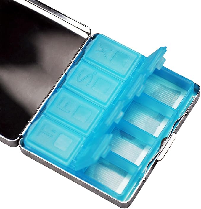 Cute and Portable Metal Pill Organizer – 8 Compartments, Elegant Chrome Finish, Ideal for Travel and Daily Use (Follow Your Heart Floral)