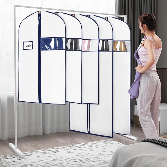 Syeeiex 60'' Garment Bags for Hanging Clothes, Set of 8 Dress Bags for Gowns, Dress Garment Bags for Gowns,Evening Dresses,Fur Coat,Long Dress(White & Dark Blue)